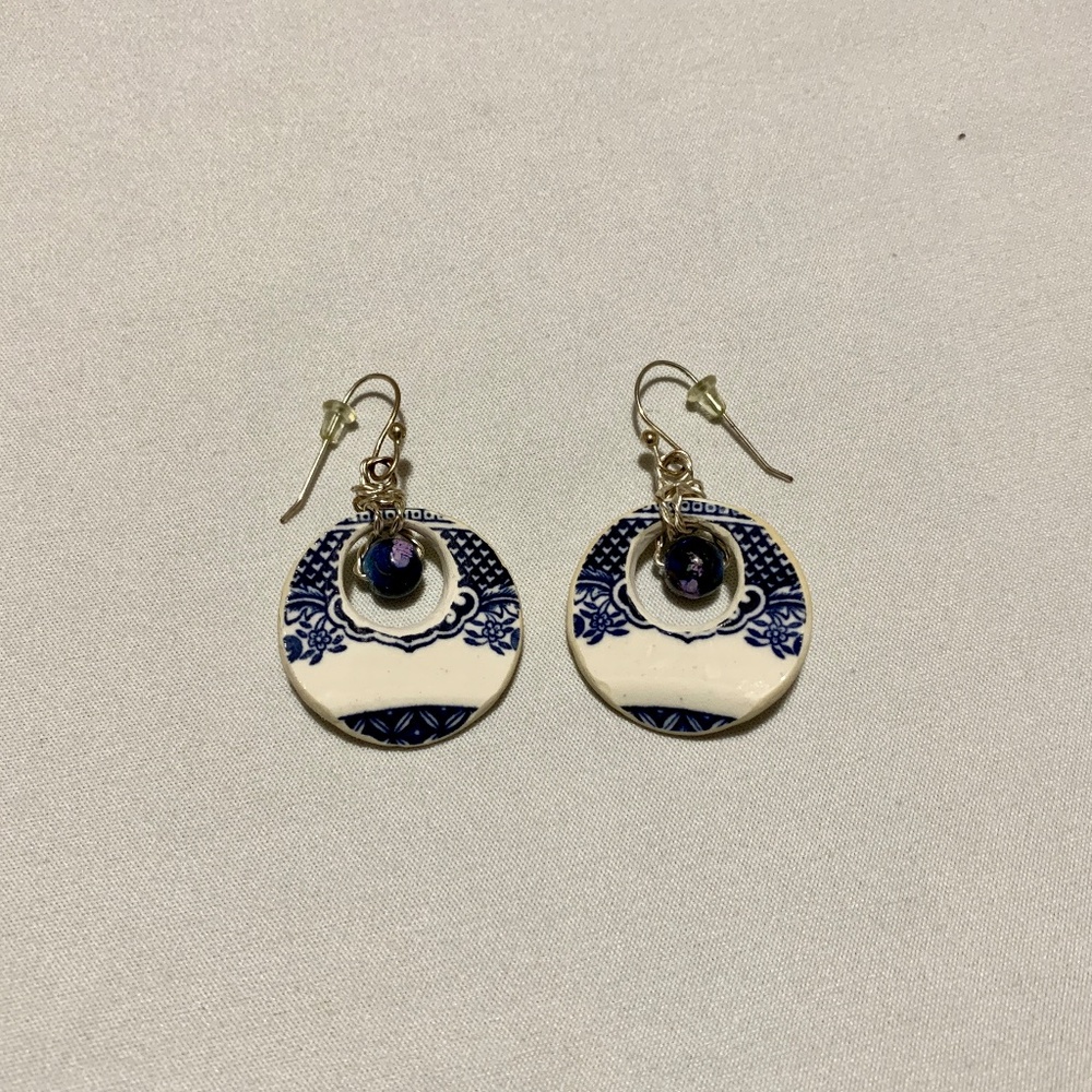 Hand Crafted Blue Willow "Broken China” Dangle Earrings